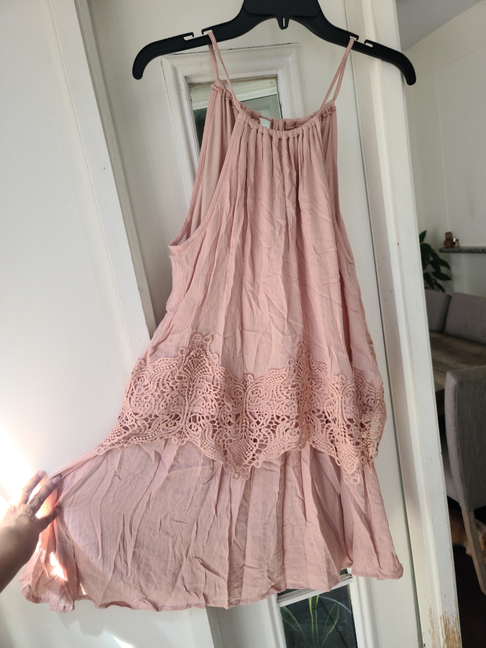 Boho Blush Pink Crochet-Trim Camisole Dress